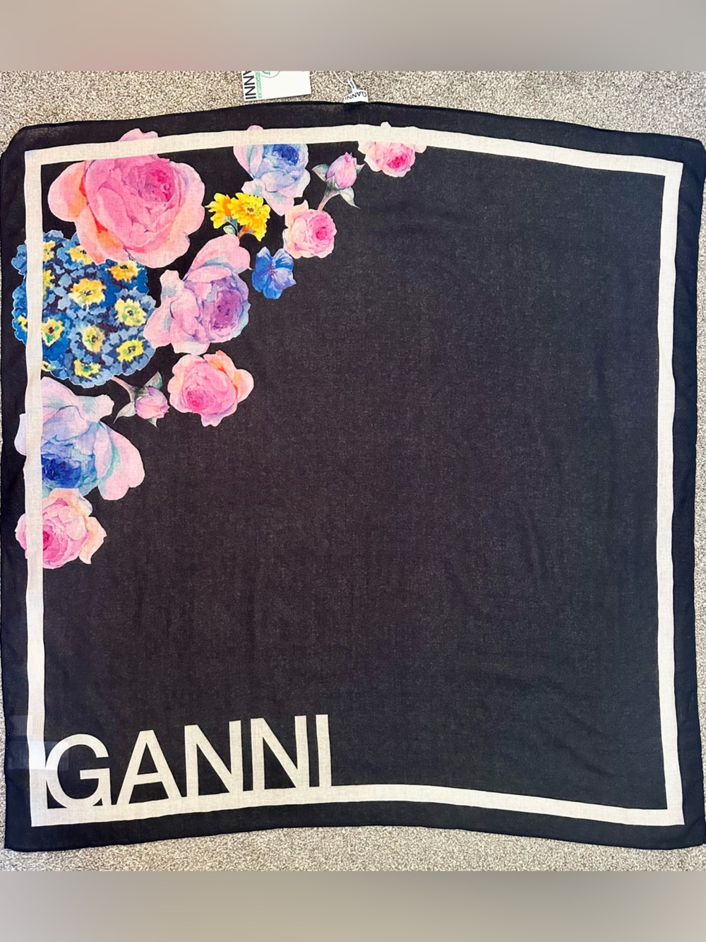 GANNI Organic Cotton Scarf Black 16” Square Pink Blue Watercolor Floral Logo NWT